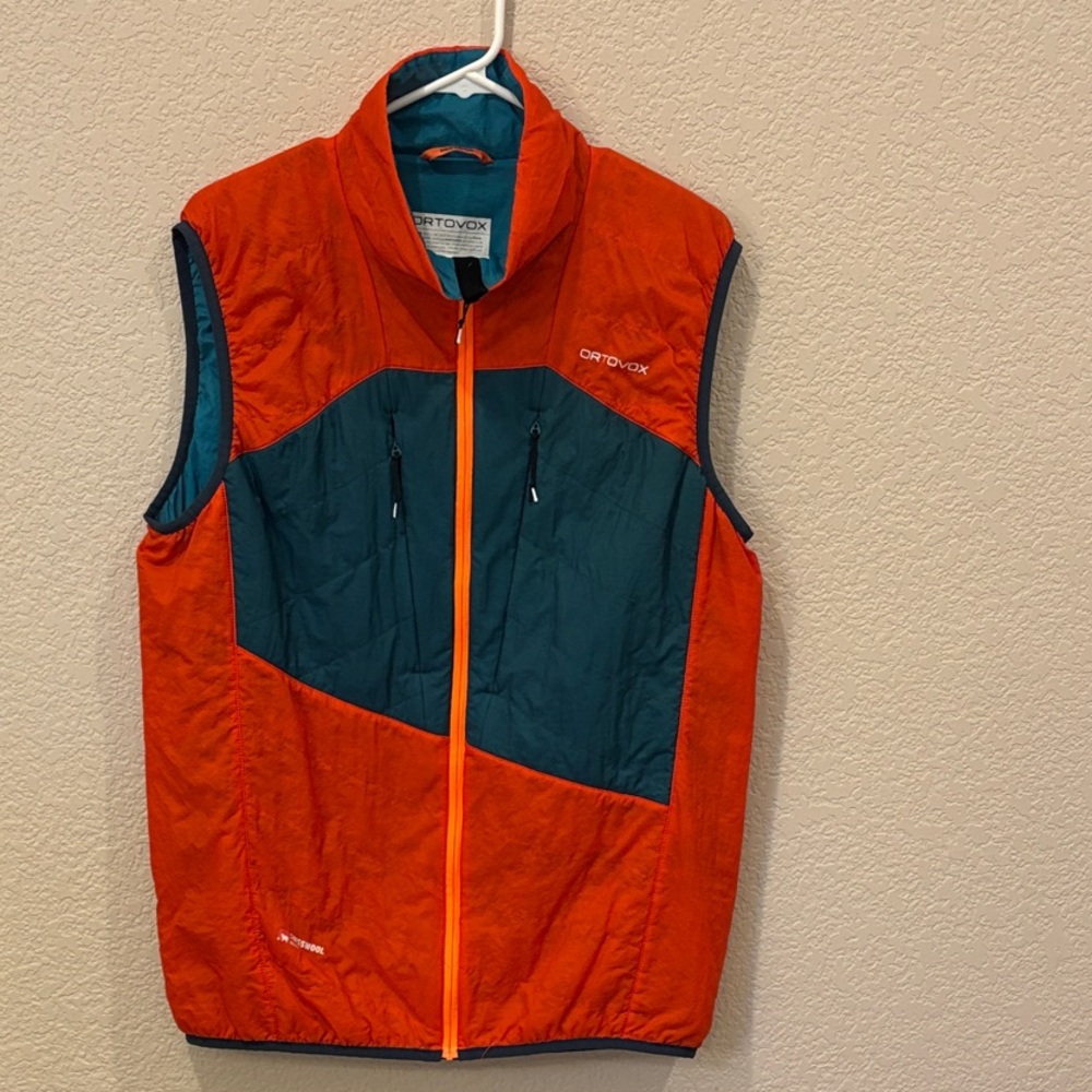 Men’s L Ortovox Swisswool Insulated Orange and Teal Midlayer Vest - Like New